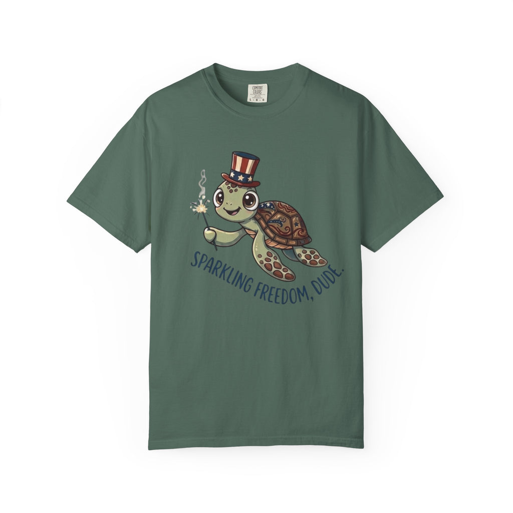 Funny Sparkler Sea Turtle t-shirt in Blue Spruce