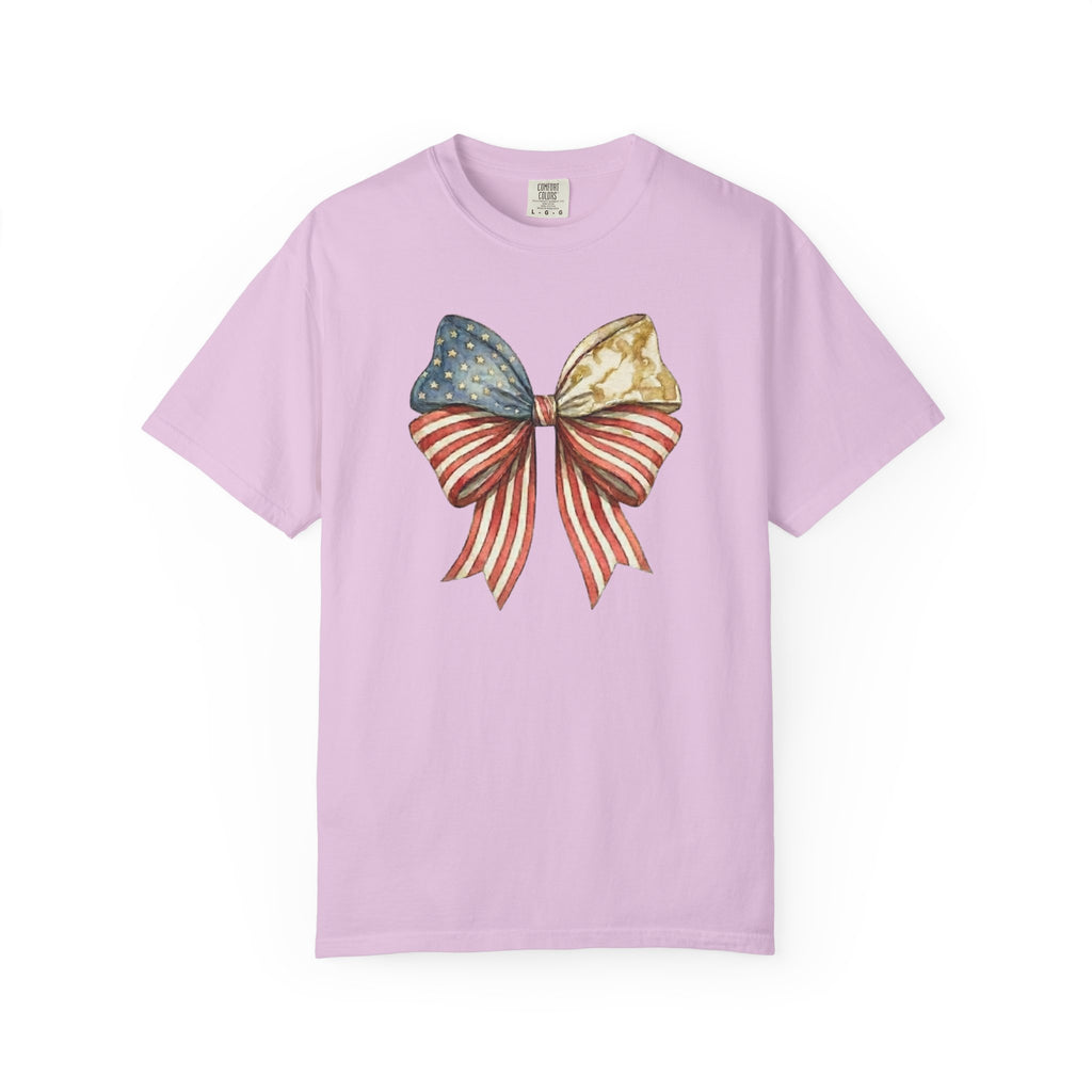 Patriotic American Flag Bow t-shirt in Orchid