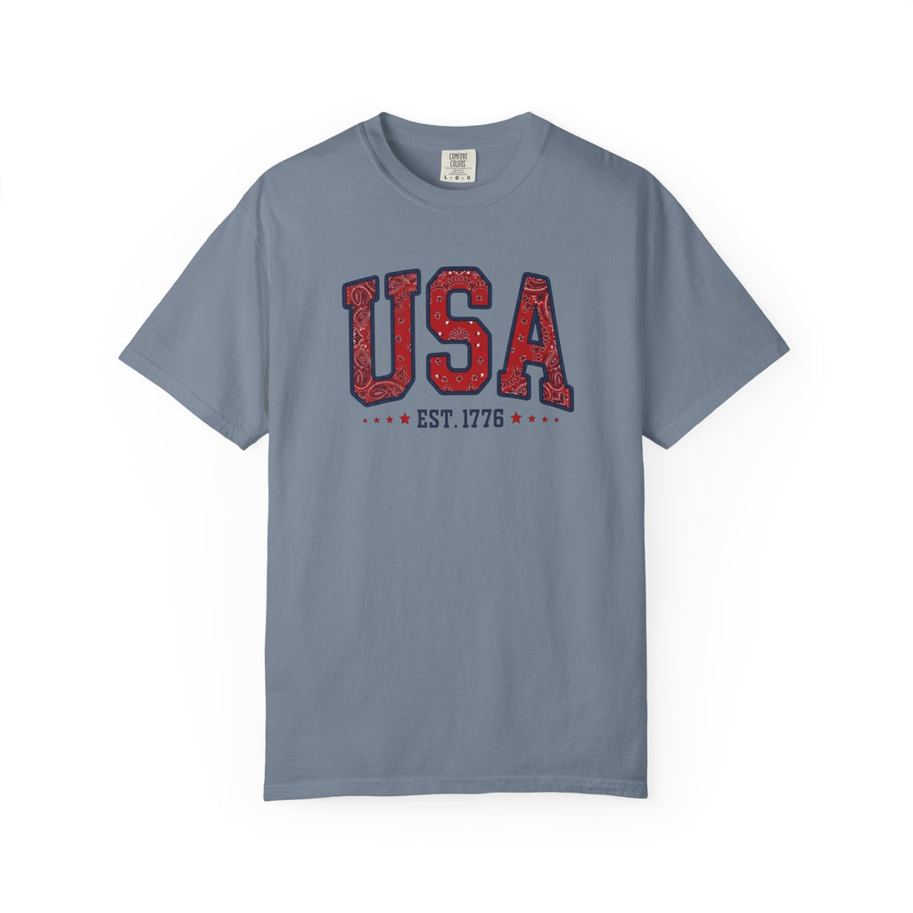 Patriotic Bandana Print USA 1776 t-shirt in Blue Jean