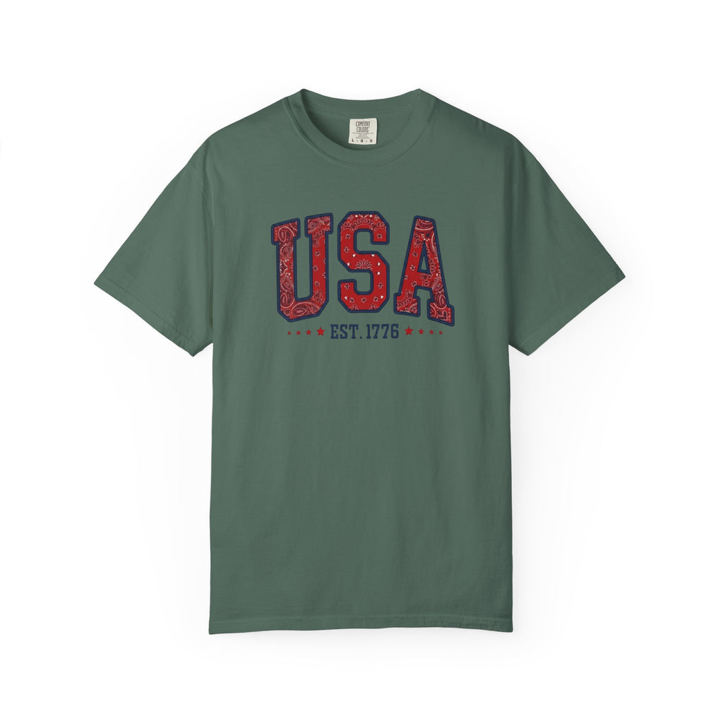 Patriotic Bandana Print USA 1776 t-shirt in Blue Spruce