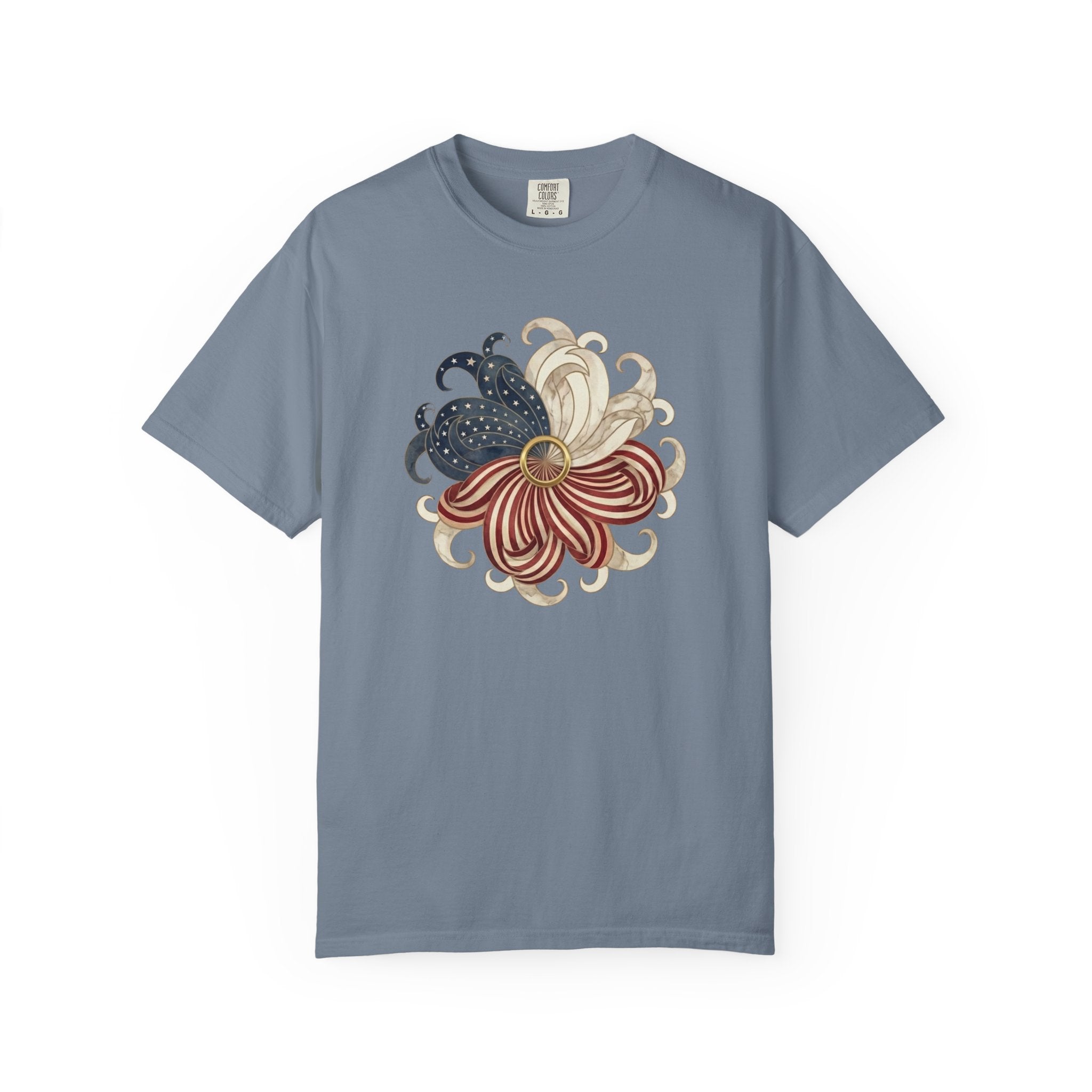 Patriotic Chrysanthemum Floral Burst t-shirt in Blue Jean