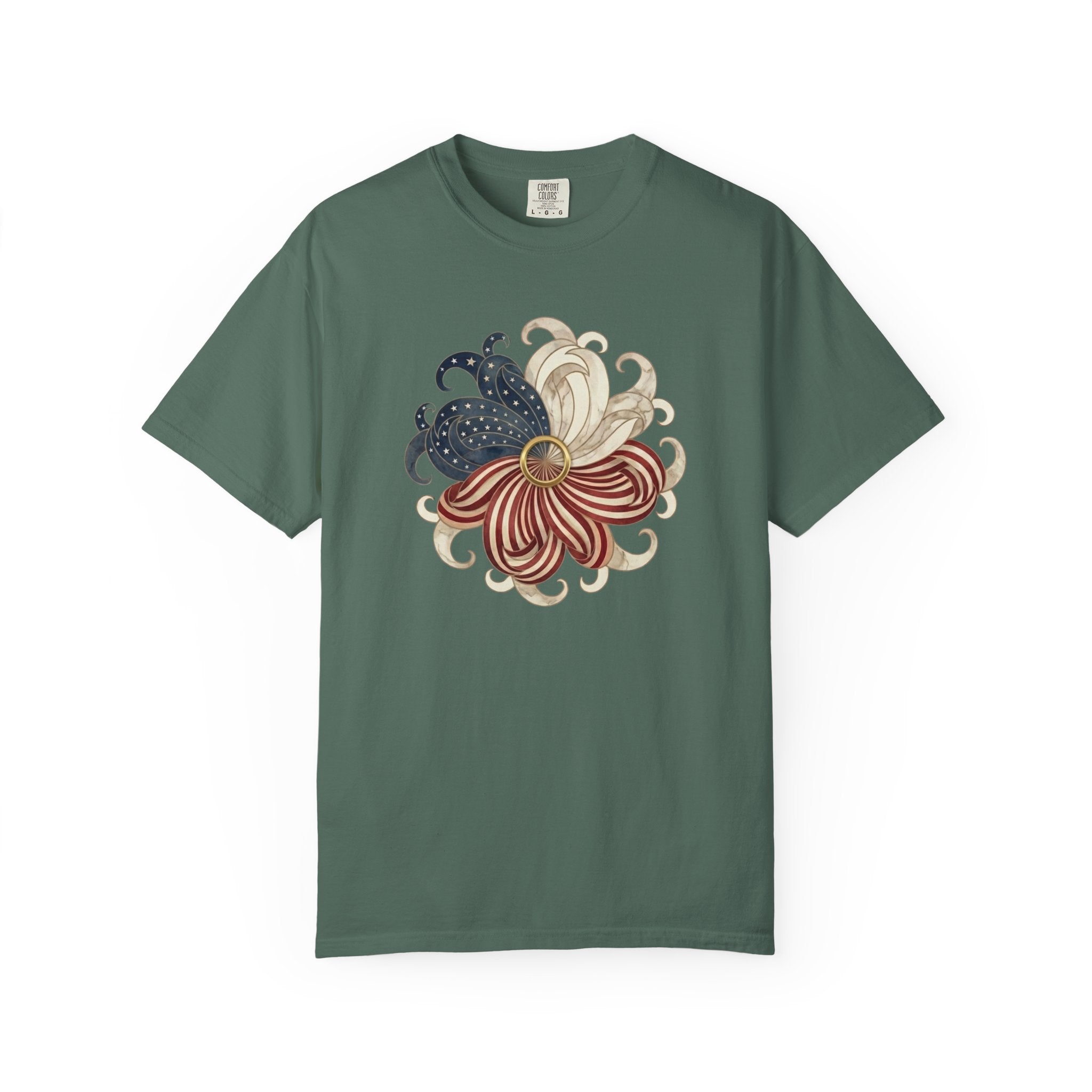Patriotic Chrysanthemum Floral Burst t-shirt in Blue Spruce