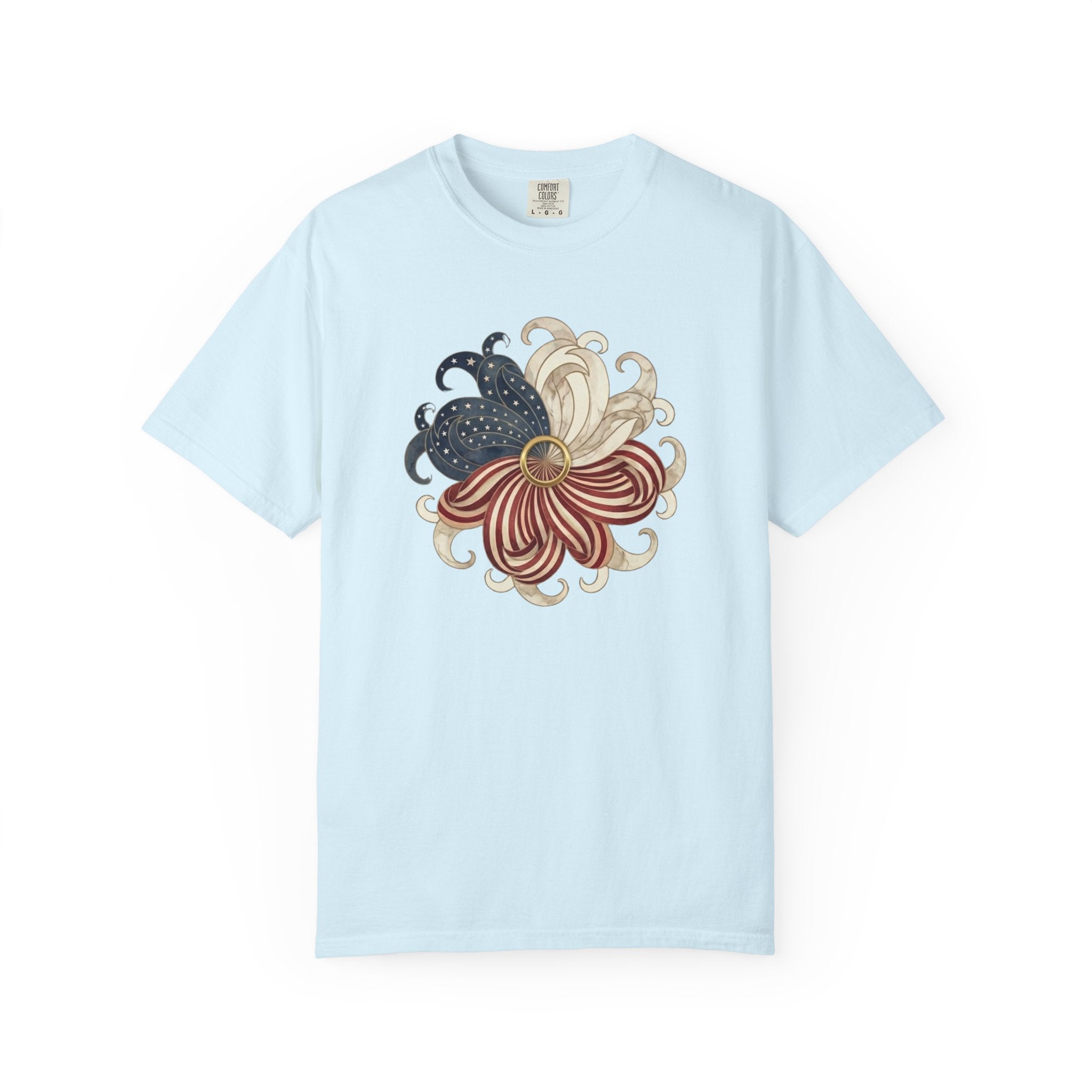 Patriotic Chrysanthemum Floral Burst t-shirt in Chambray