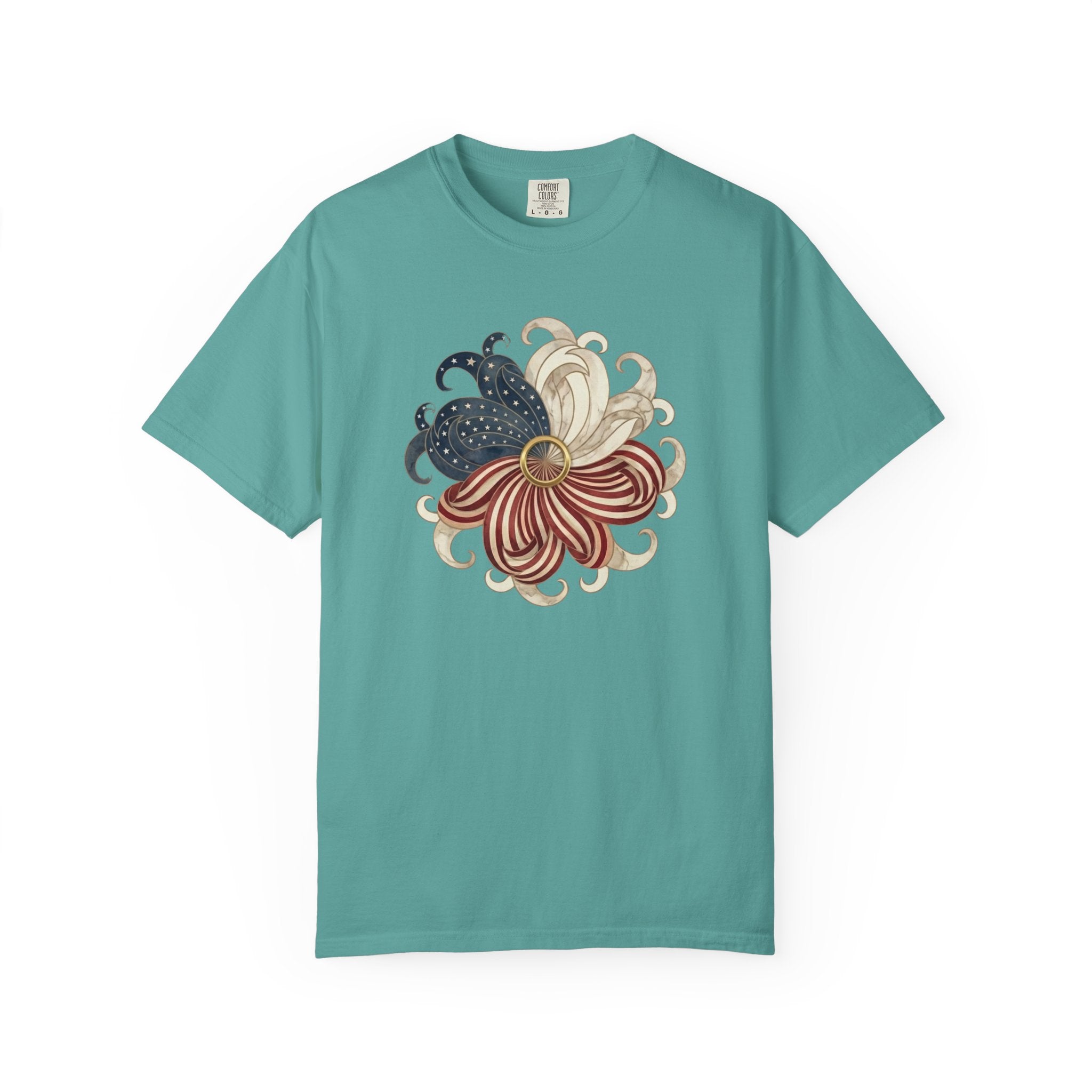 Patriotic Chrysanthemum Floral Burst t-shirt in Seafoam