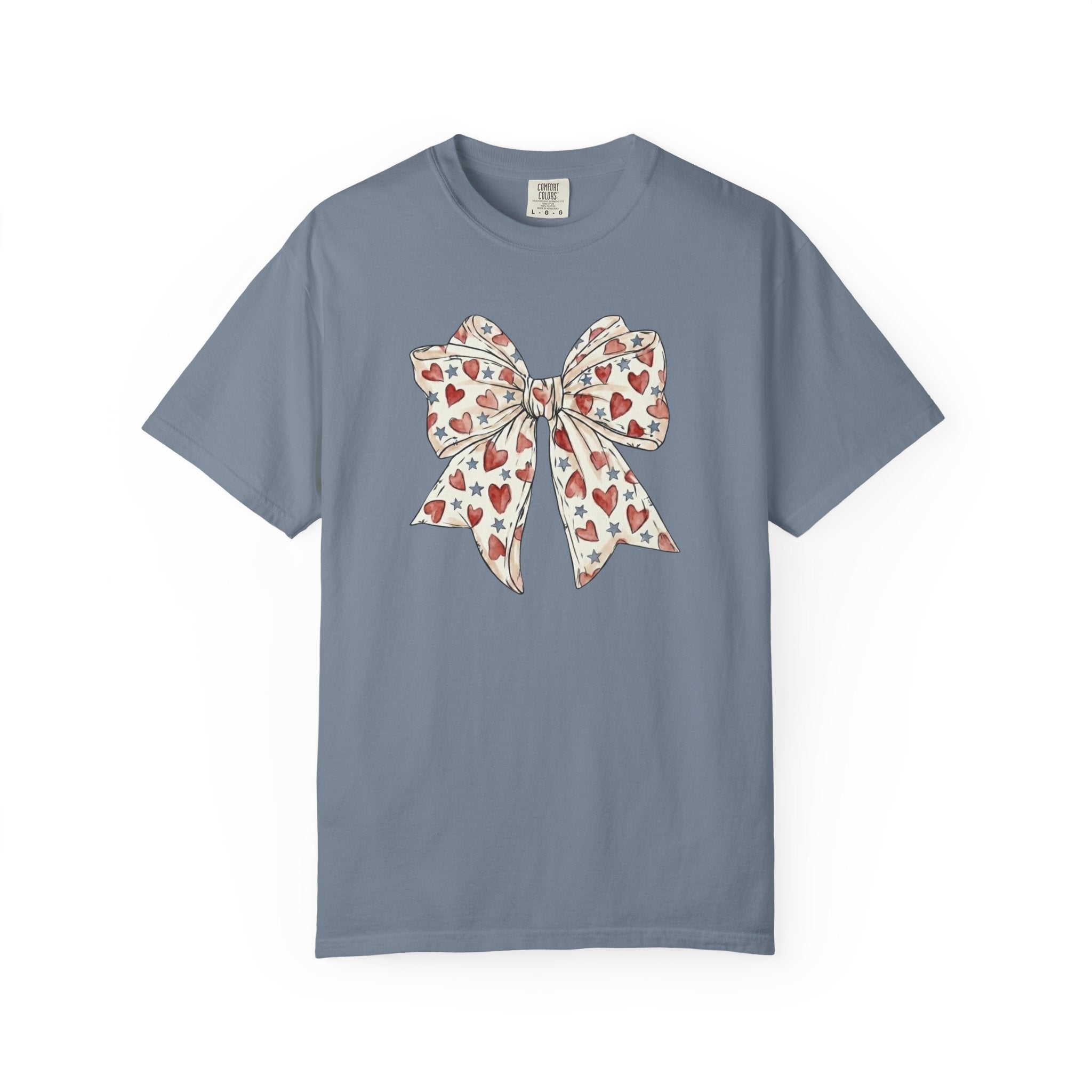 Patriotic Coquette Bow Heart and Star t-shirt in Blue Jean