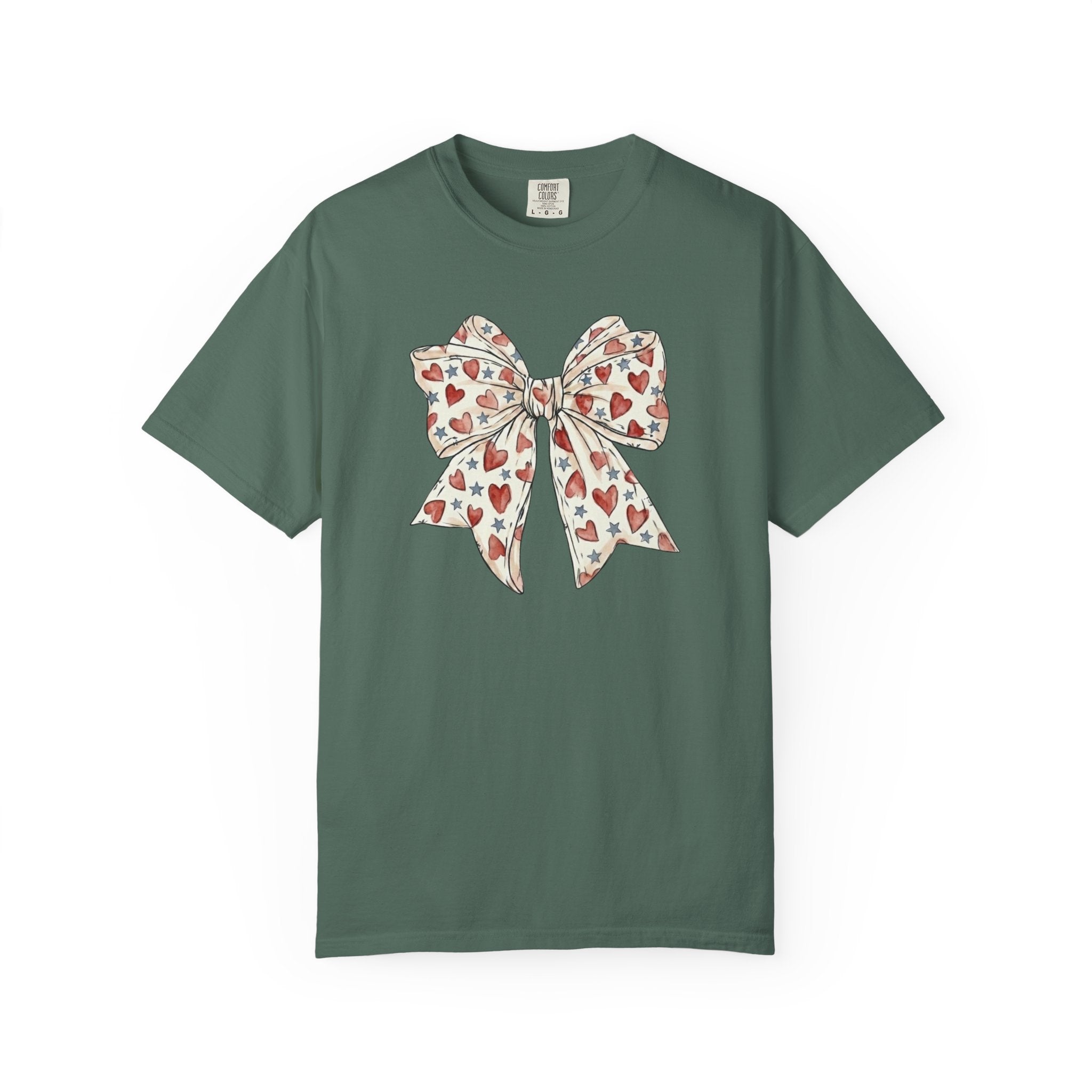 Patriotic Coquette Bow Heart and Star t-shirt in Blue Spruce