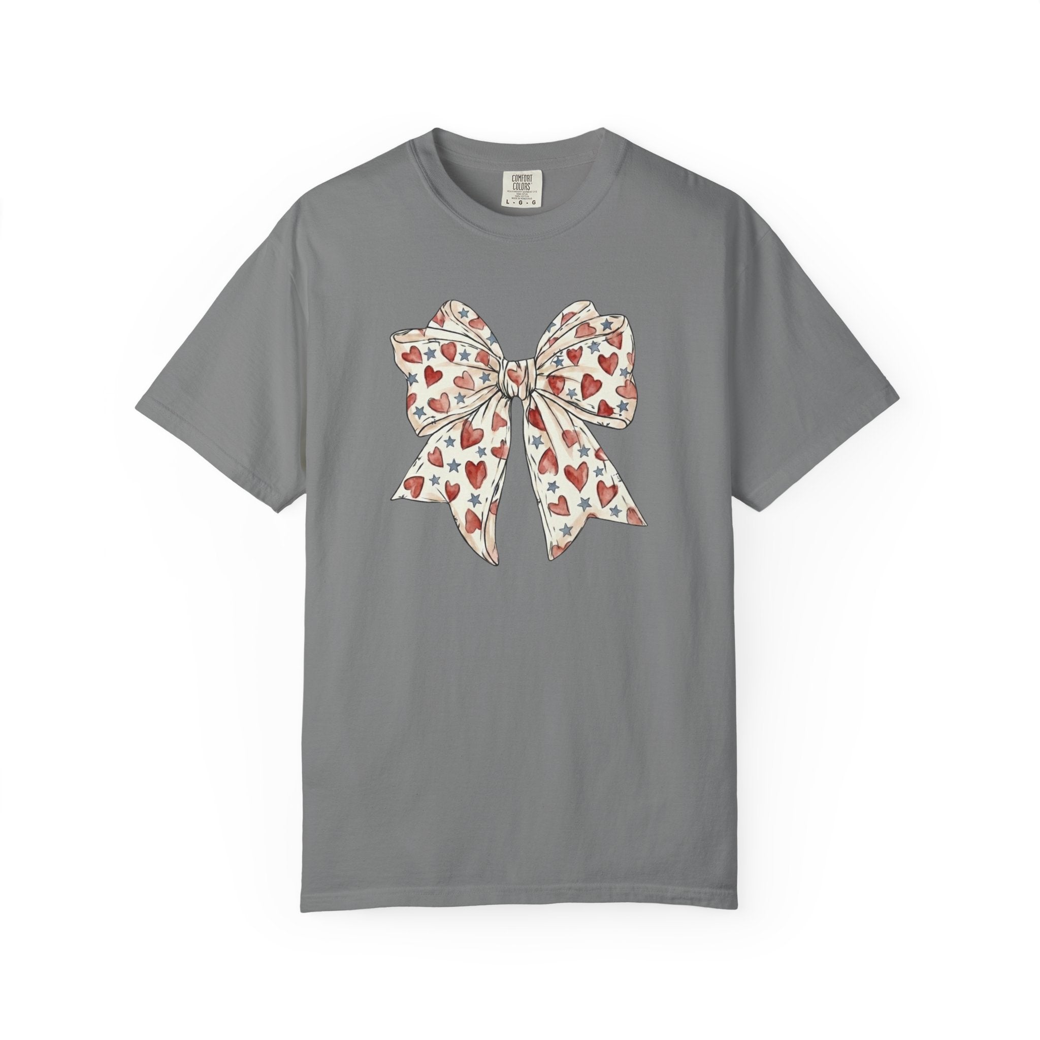 Patriotic Coquette Bow Heart and Star t-shirt in Grey