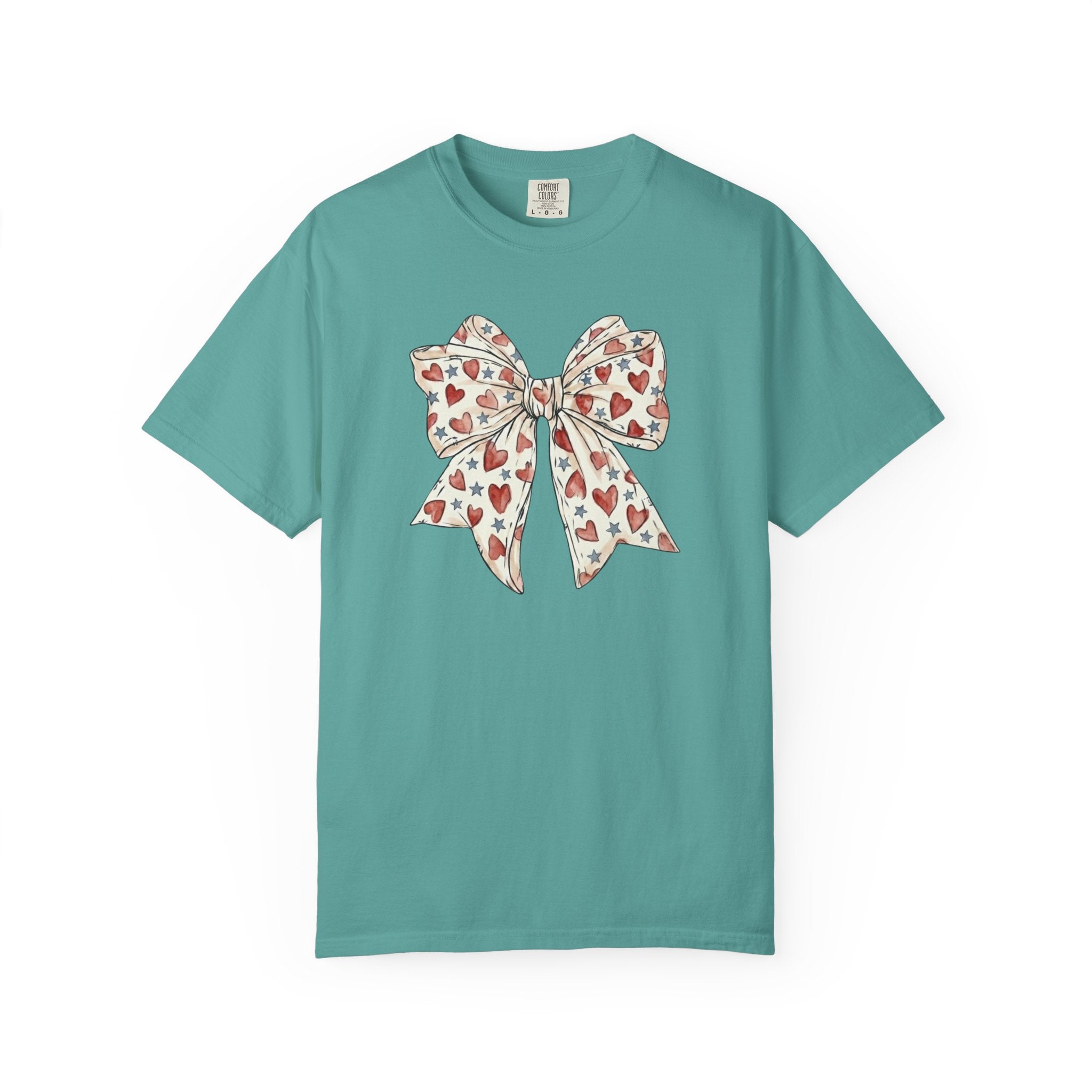 Patriotic Coquette Bow Heart and Star t-shirt in Seafoam