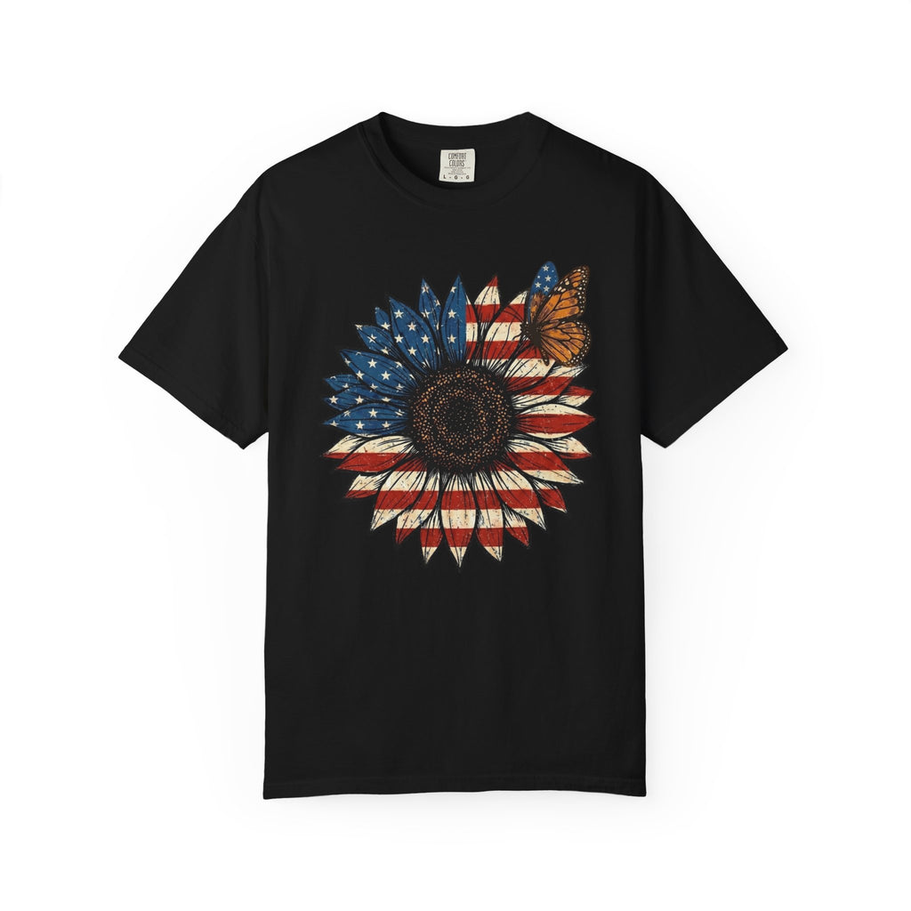 Patriotic Flag Sunflower and Butterfly t-shirt in Black