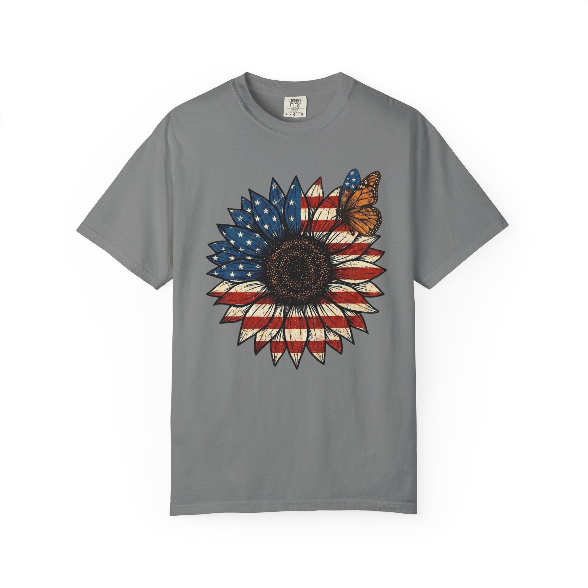 Patriotic Flag Sunflower and Butterfly t-shirt in Grey