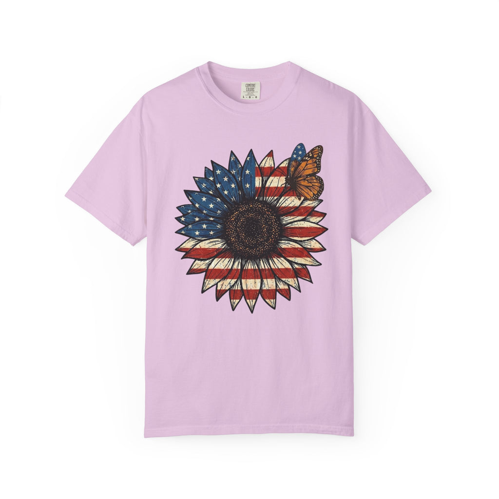Patriotic Flag Sunflower and Butterfly t-shirt in Orchid