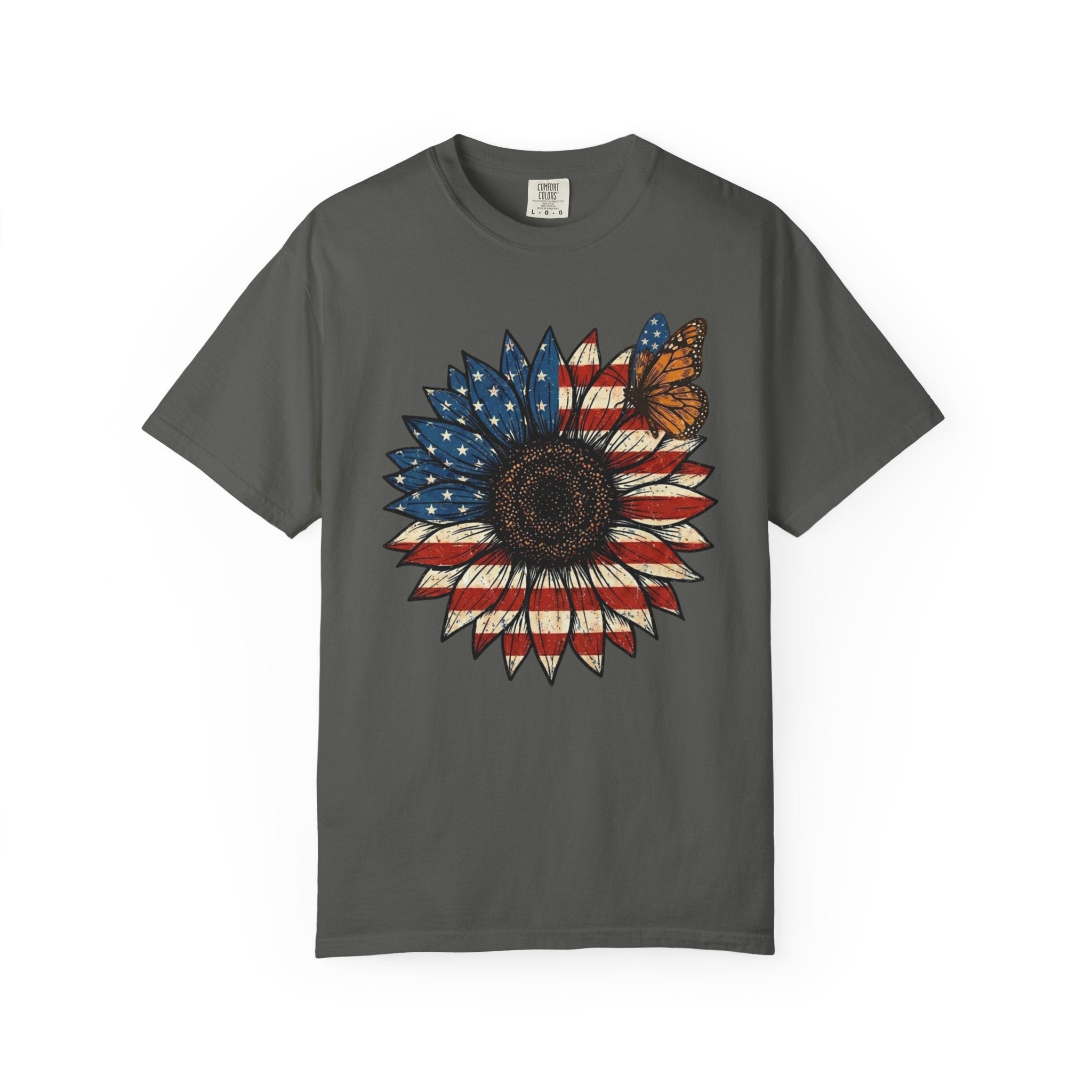 Patriotic Flag Sunflower and Butterfly t-shirt in Pepper
