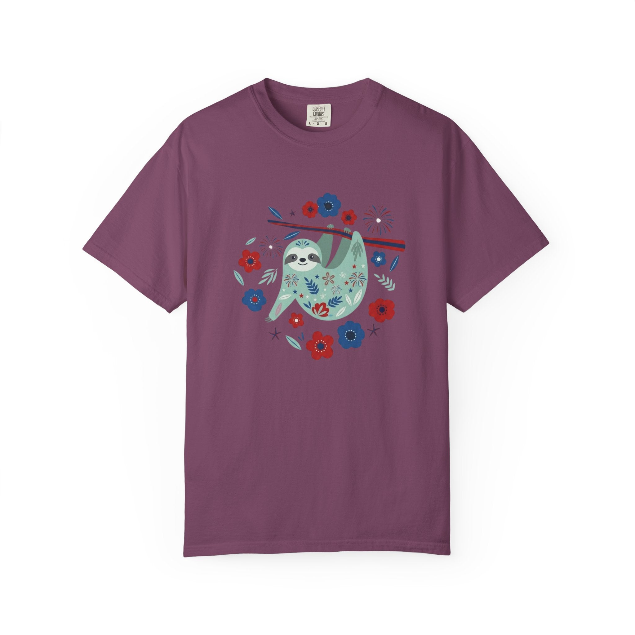 Patriotic Floral Sloth t-shirt in Berry