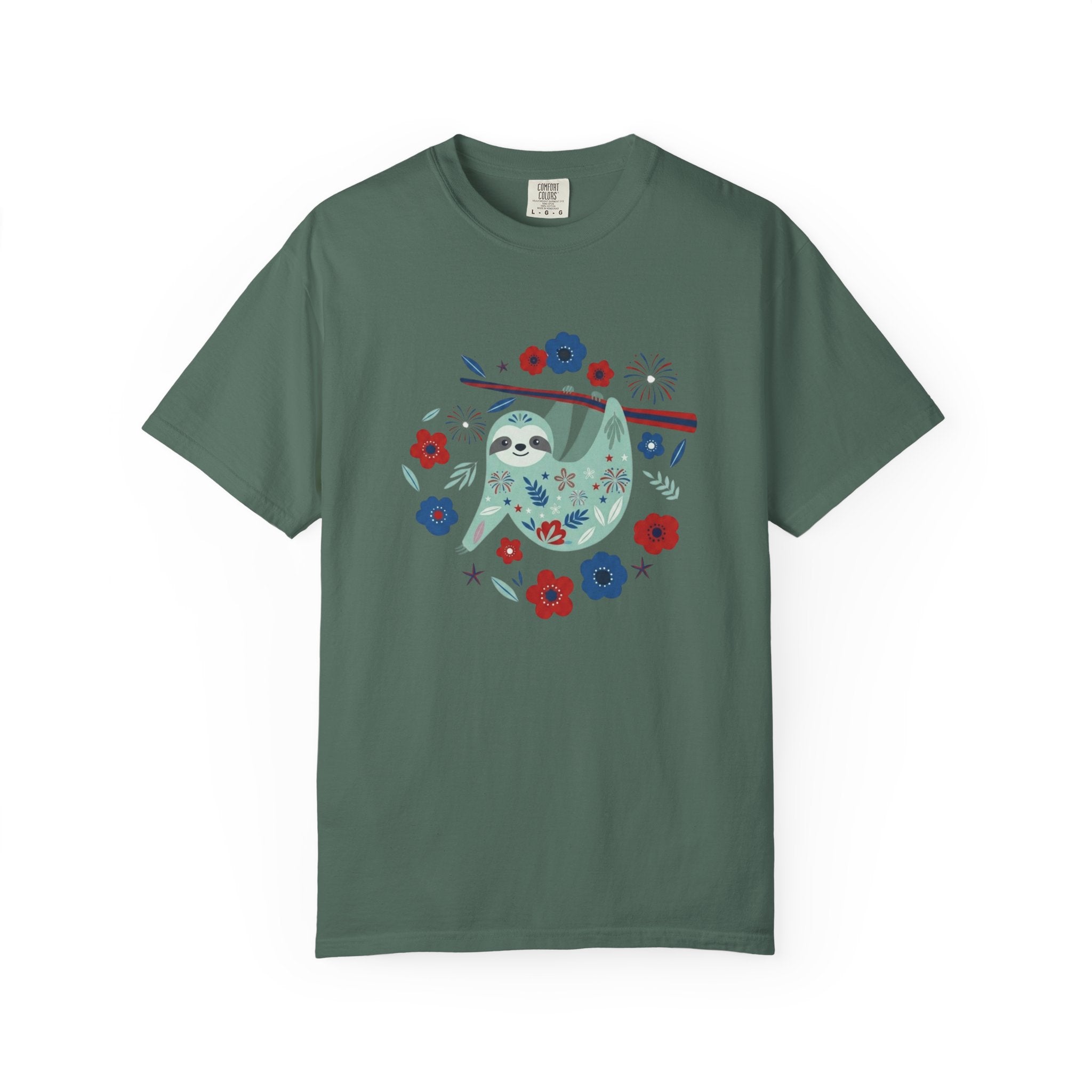Patriotic Floral Sloth t-shirt in Blue Spruce