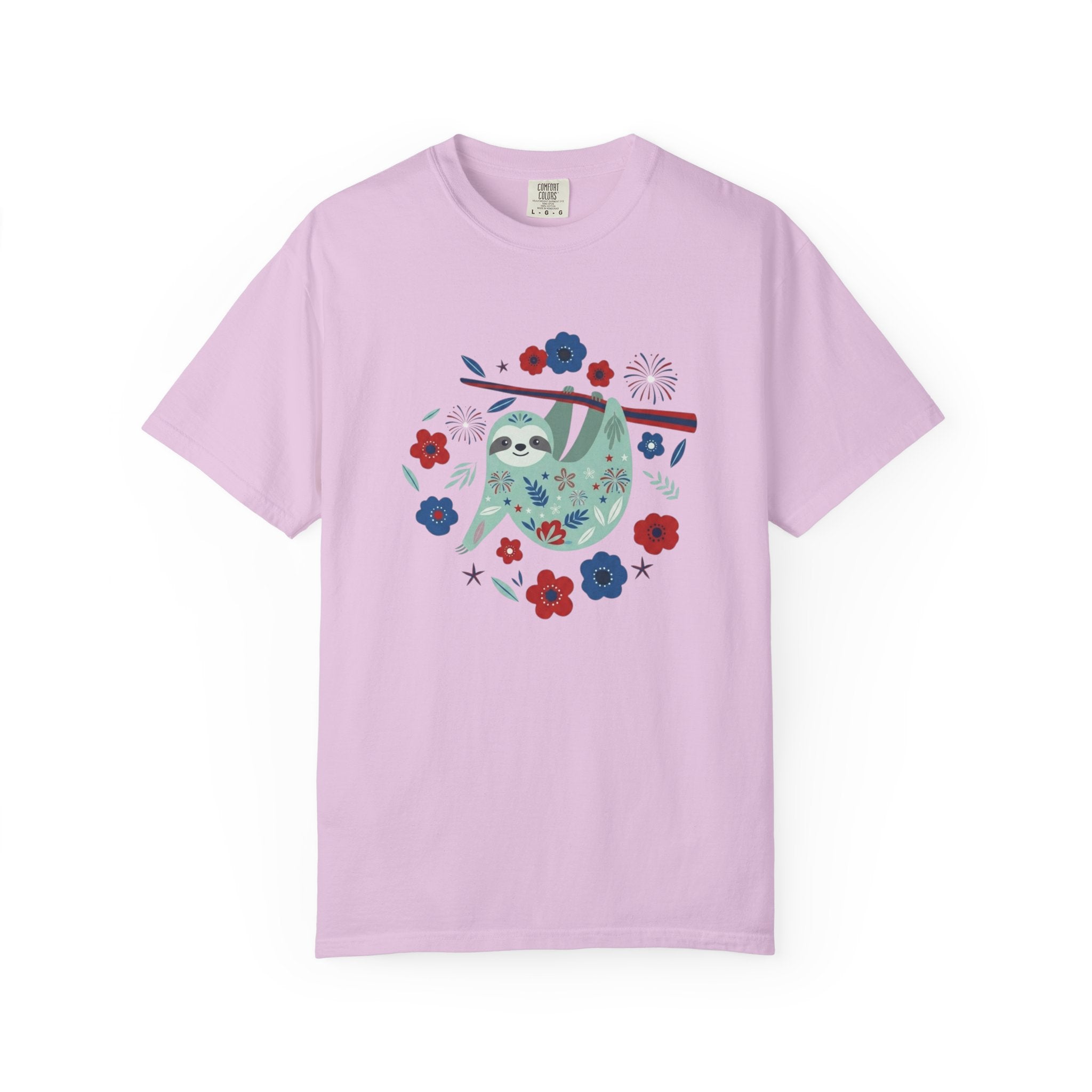 Patriotic Floral Sloth t-shirt in Orchid