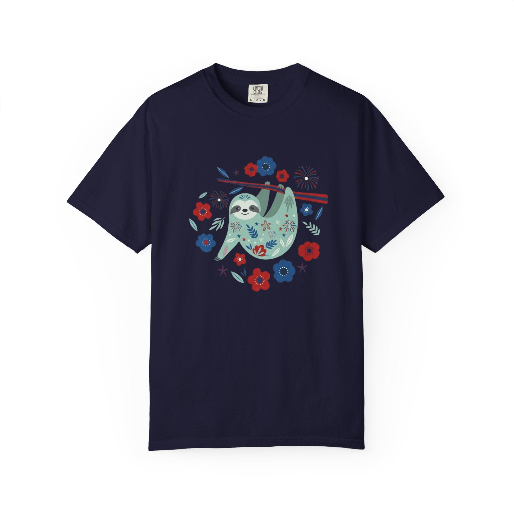 Patriotic Floral Sloth t-shirt in True Navy