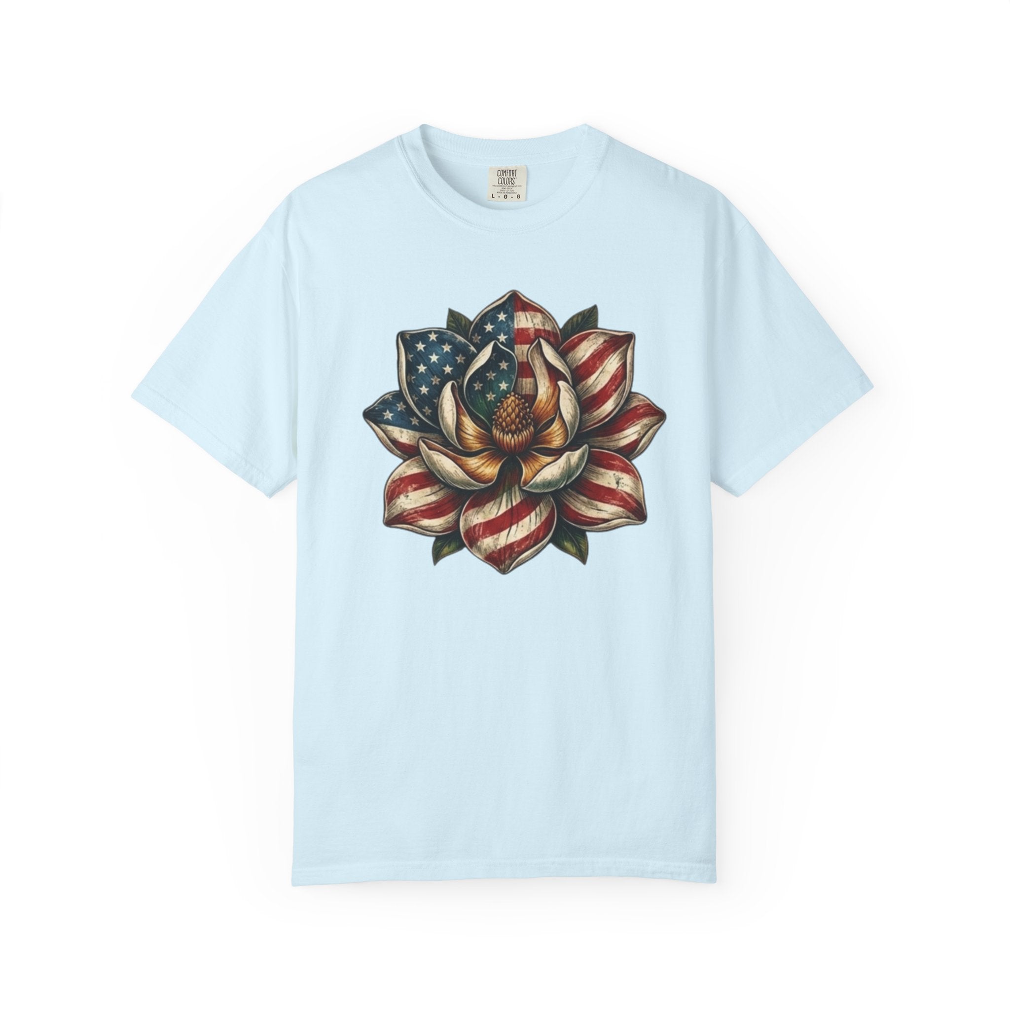 Patriotic Magnolia Flower t-shirt in Chambray