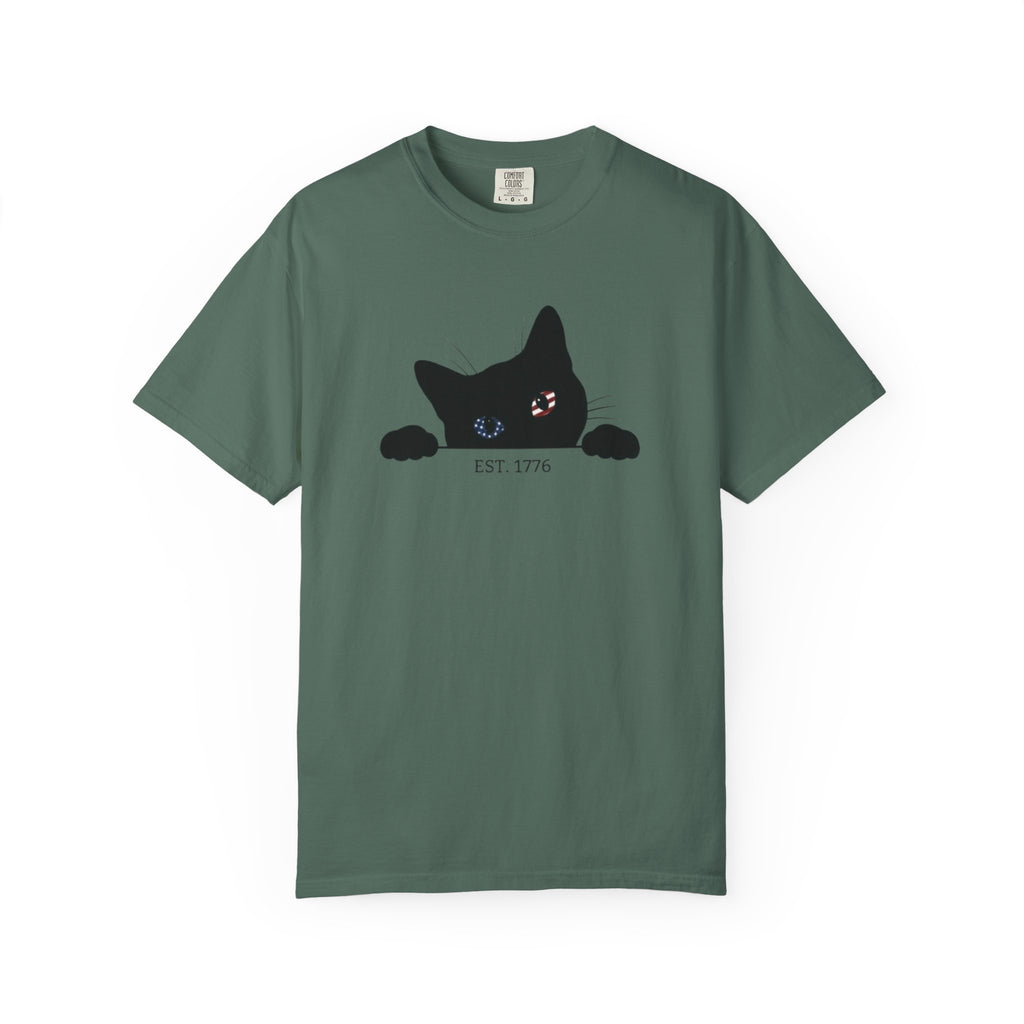 Patriotic Peeking Black Cat t-shirt in Blue Spruce