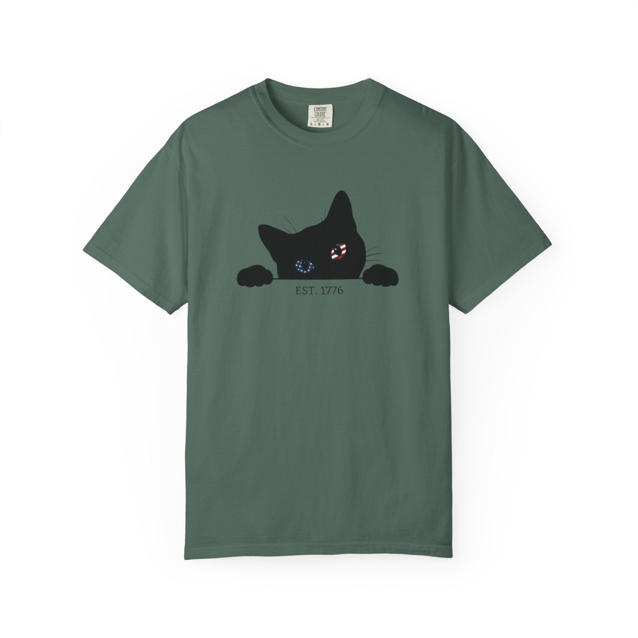 Patriotic Peeking Black Cat t-shirt in Blue Spruce