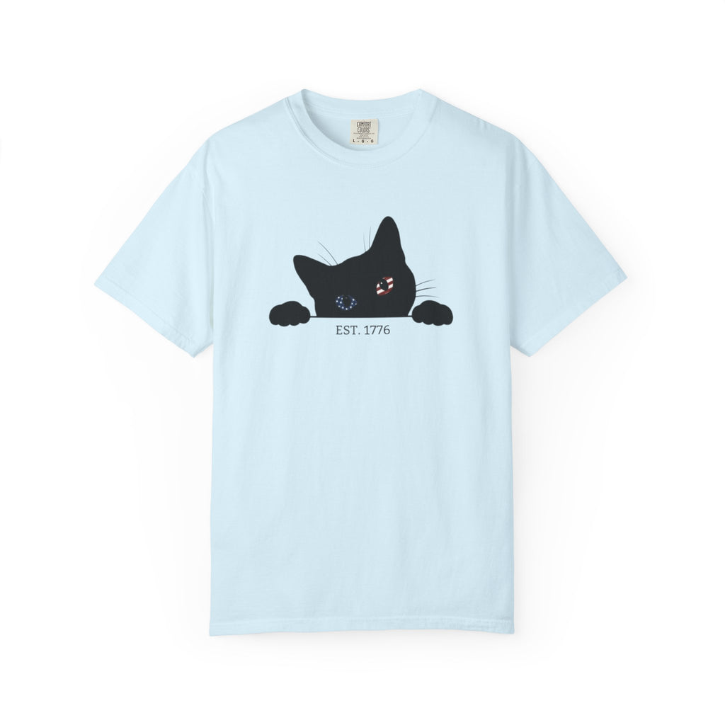 Patriotic Peeking Black Cat t-shirt in Chambray