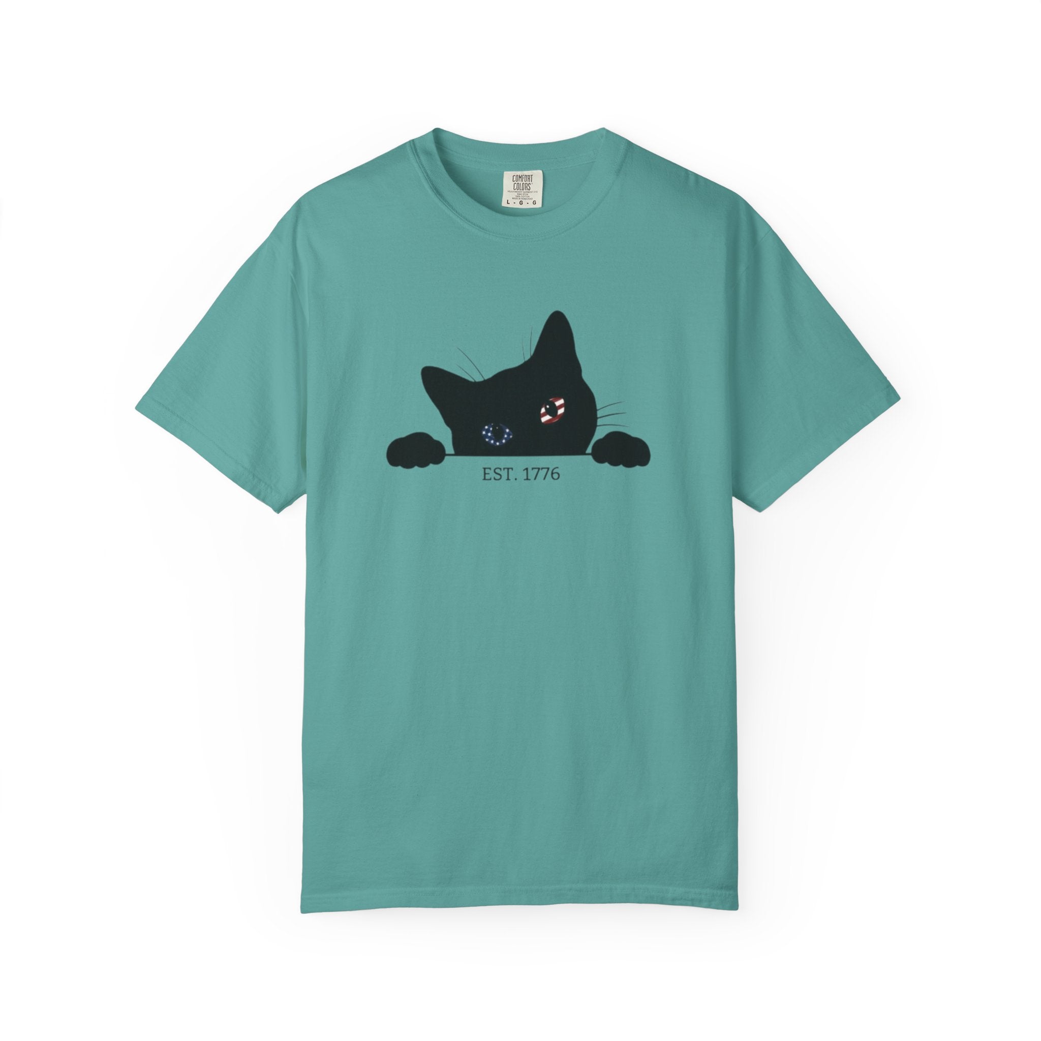 Patriotic Peeking Black Cat t-shirt in Seafoam