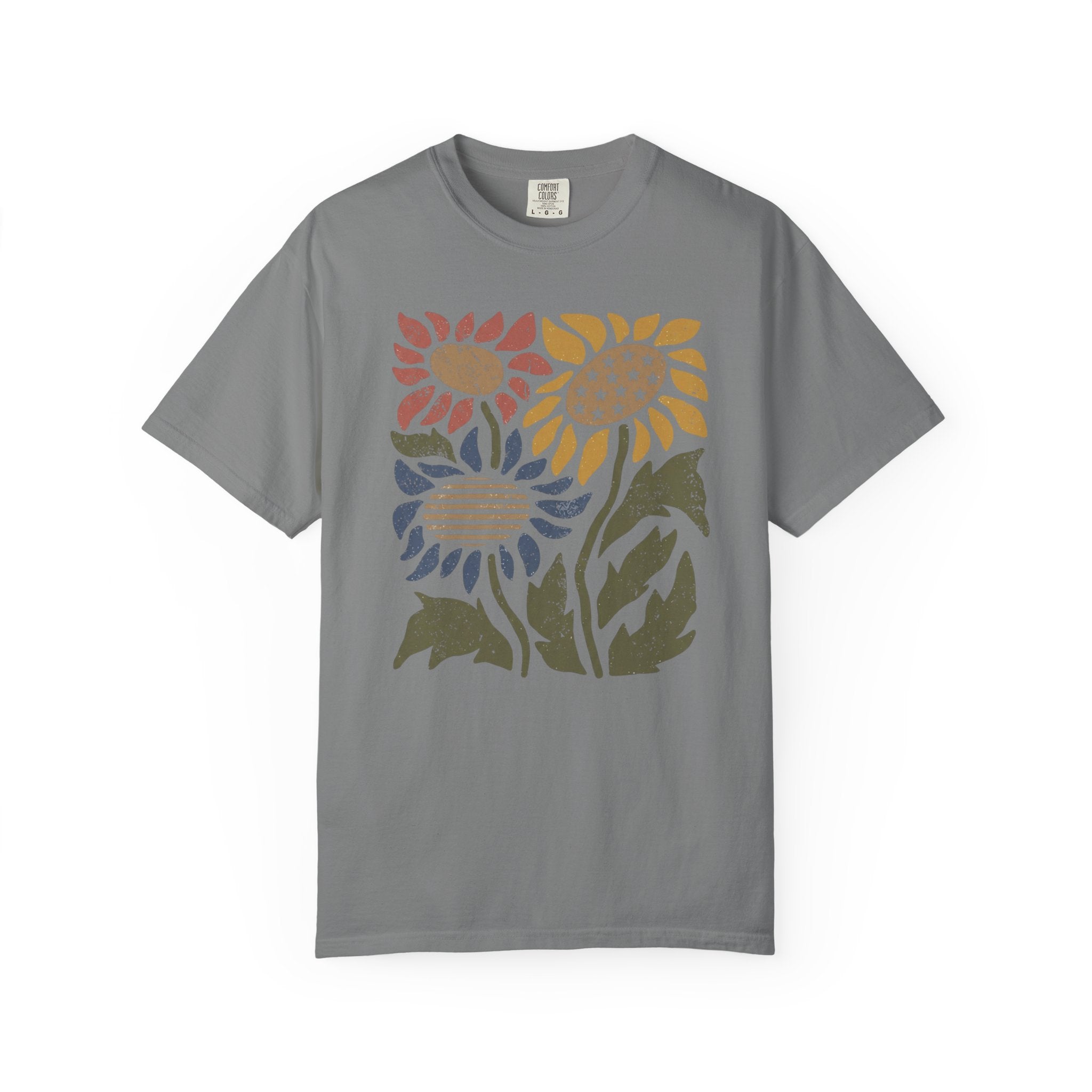 Retro Block-Print Patriotic Sunflowers t-shirt in Grey