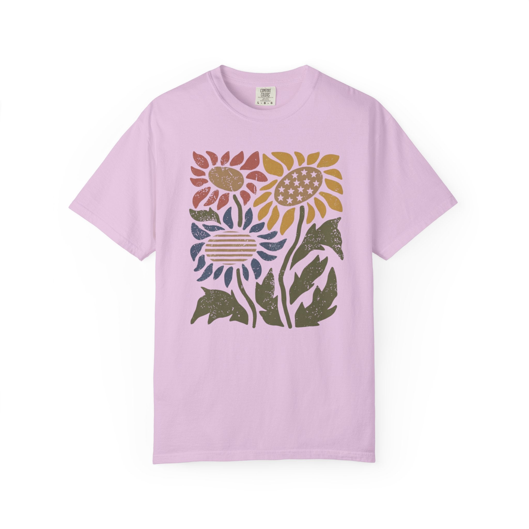 Retro Block-Print Patriotic Sunflowers t-shirt in Orchid