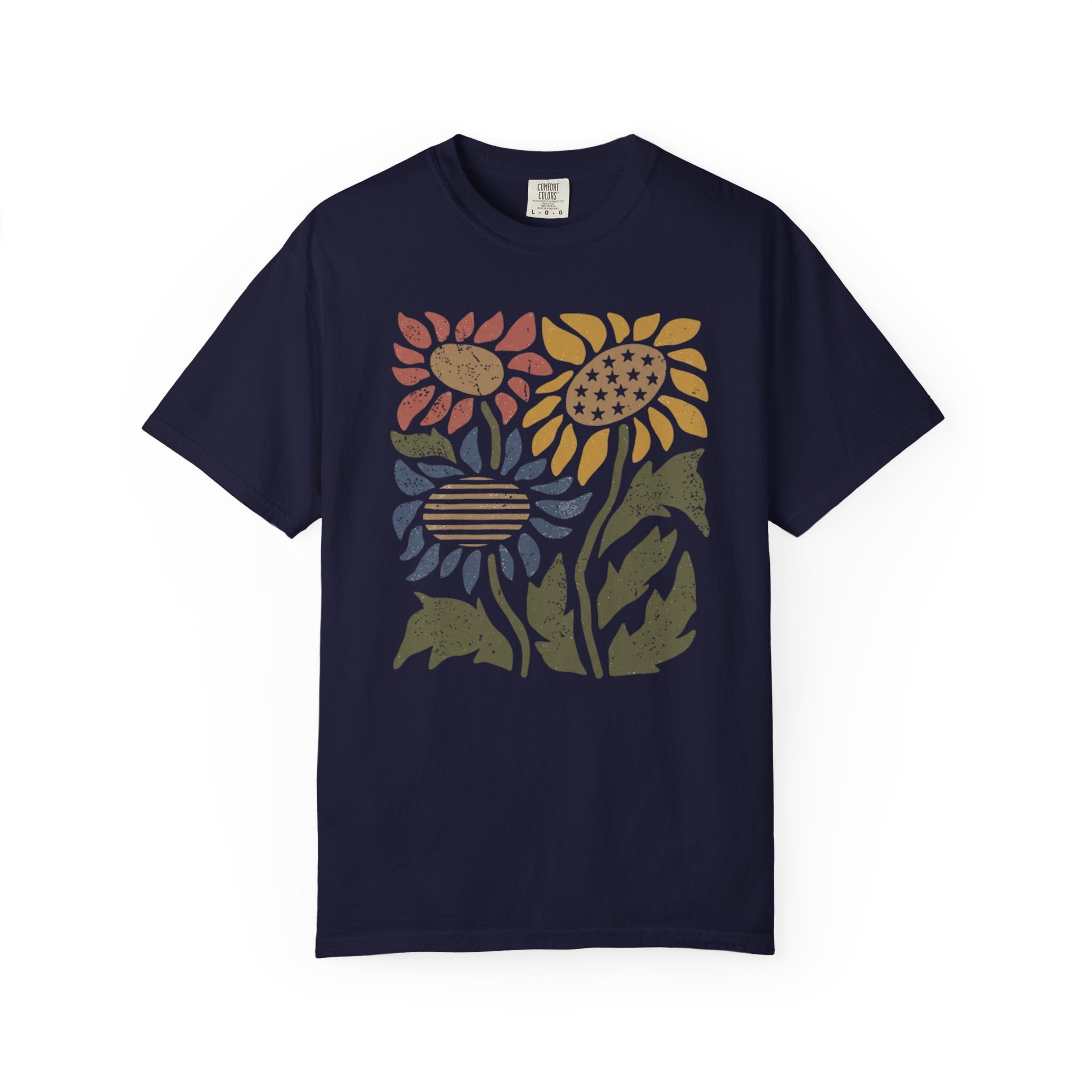Retro Block-Print Patriotic Sunflowers t-shirt in True Navy