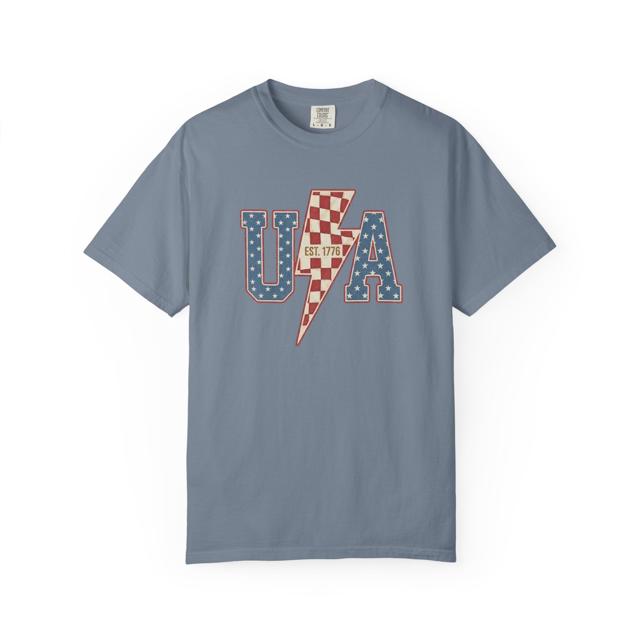 Retro USA Lightning Bolt Checkered t-shirt in Blue Jean