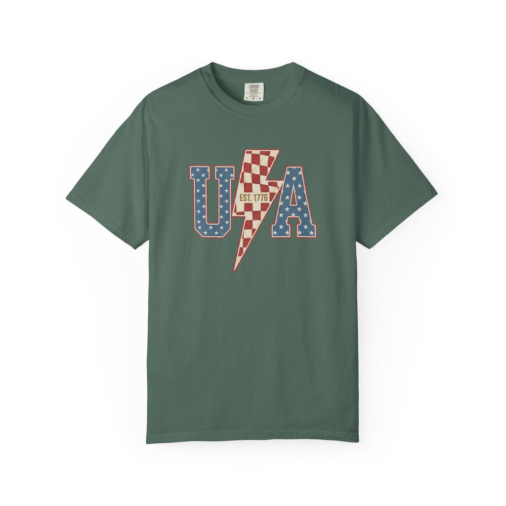 Retro USA Lightning Bolt Checkered t-shirt in Blue Spruce