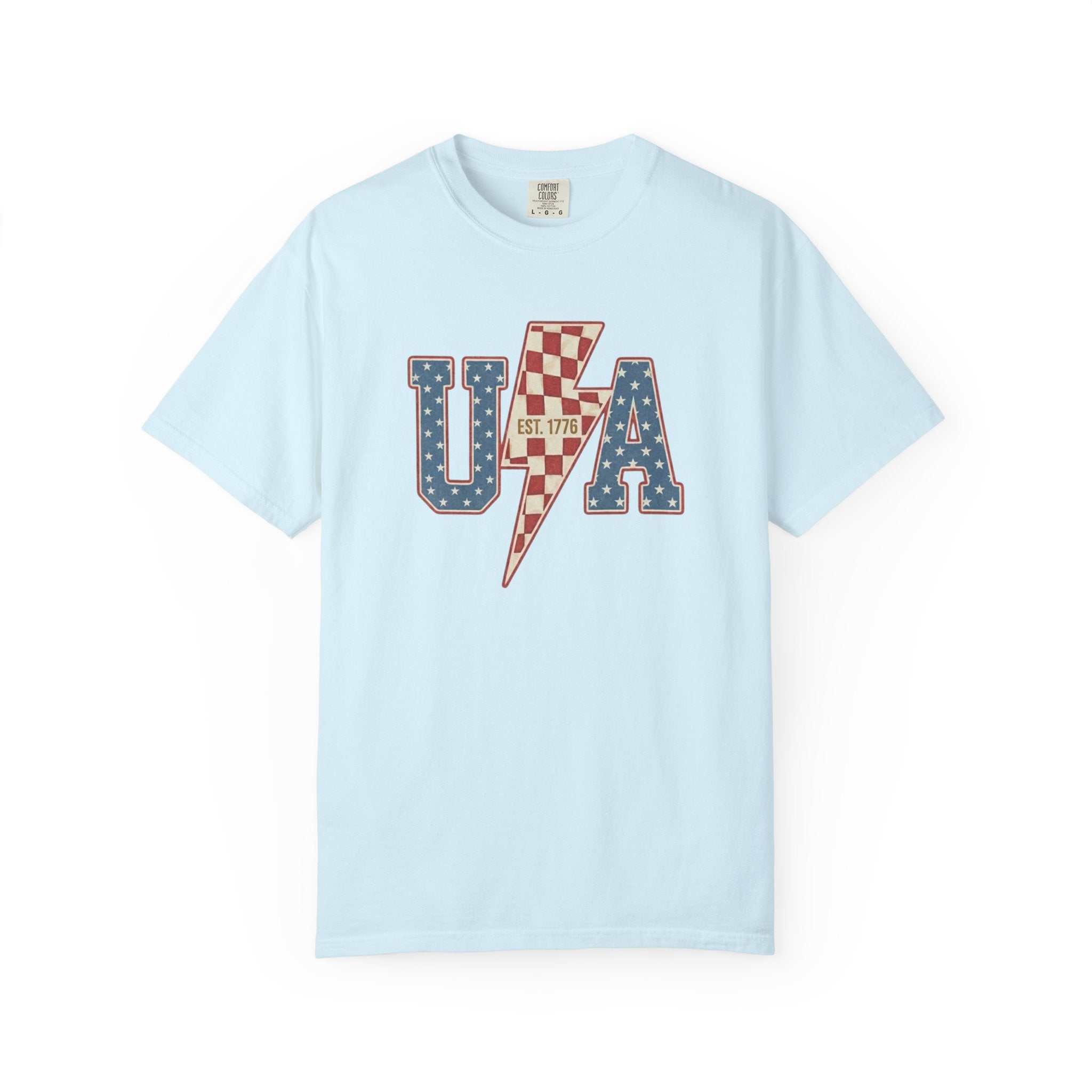 Retro USA Lightning Bolt Checkered t-shirt in Chambray