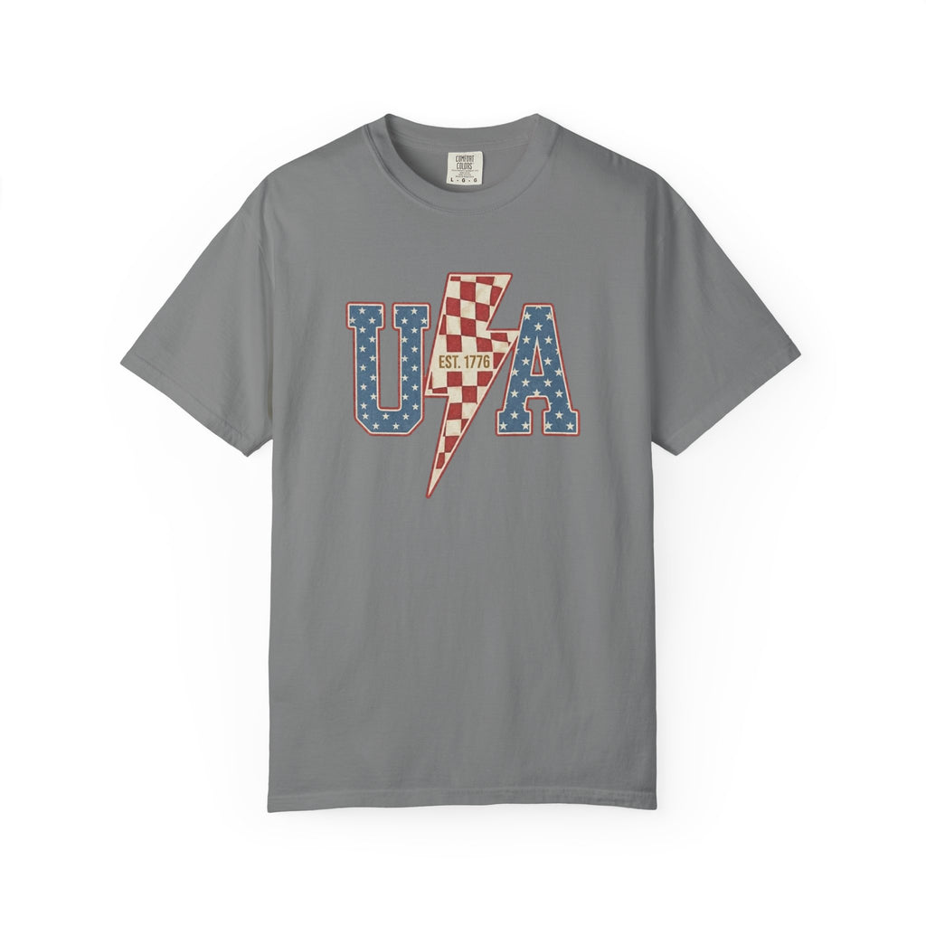 Retro USA Lightning Bolt Checkered t-shirt in Grey