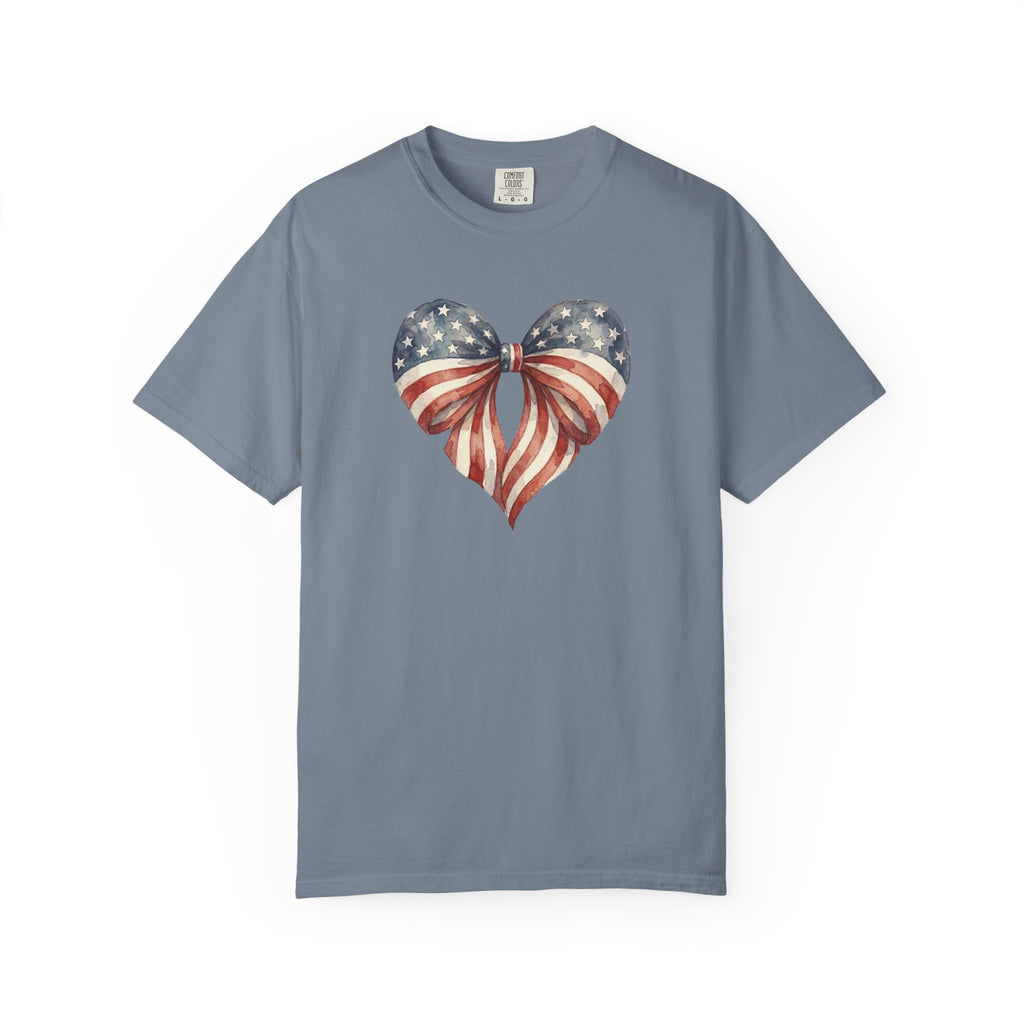Vintage Patriotic Bow Ribbon Heart t-shirt in Blue Jean