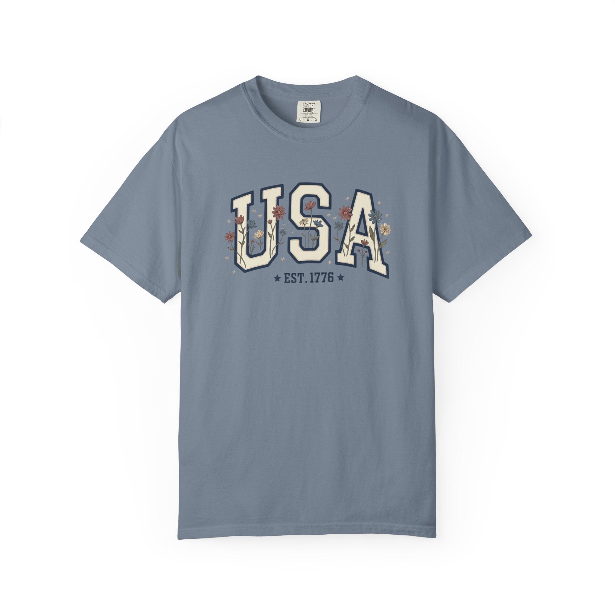 Vintage USA 1776 Floral Varsity t-shirt in Blue Jean