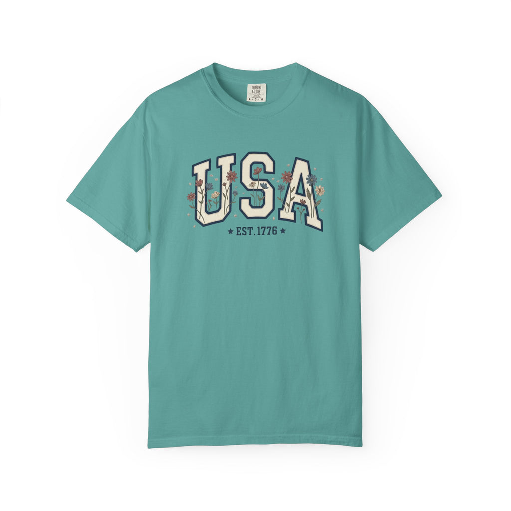 Vintage USA 1776 Floral Varsity t-shirt in Seafoam